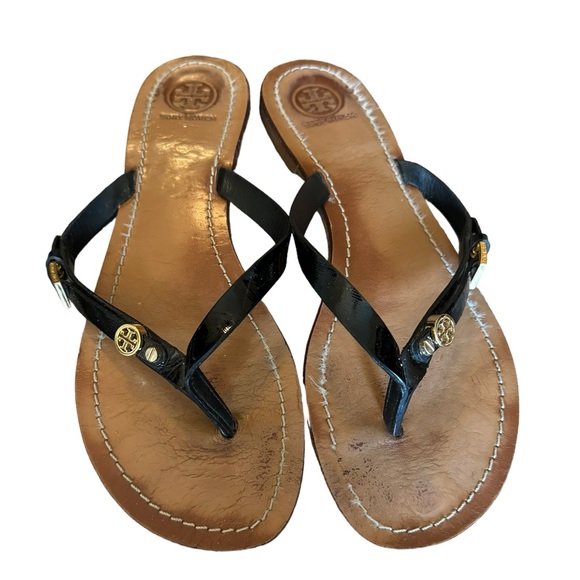 Tory Burch Saffiano Leather Monogram Flat Thong Sandals Size 9 - Picture 11 of 11